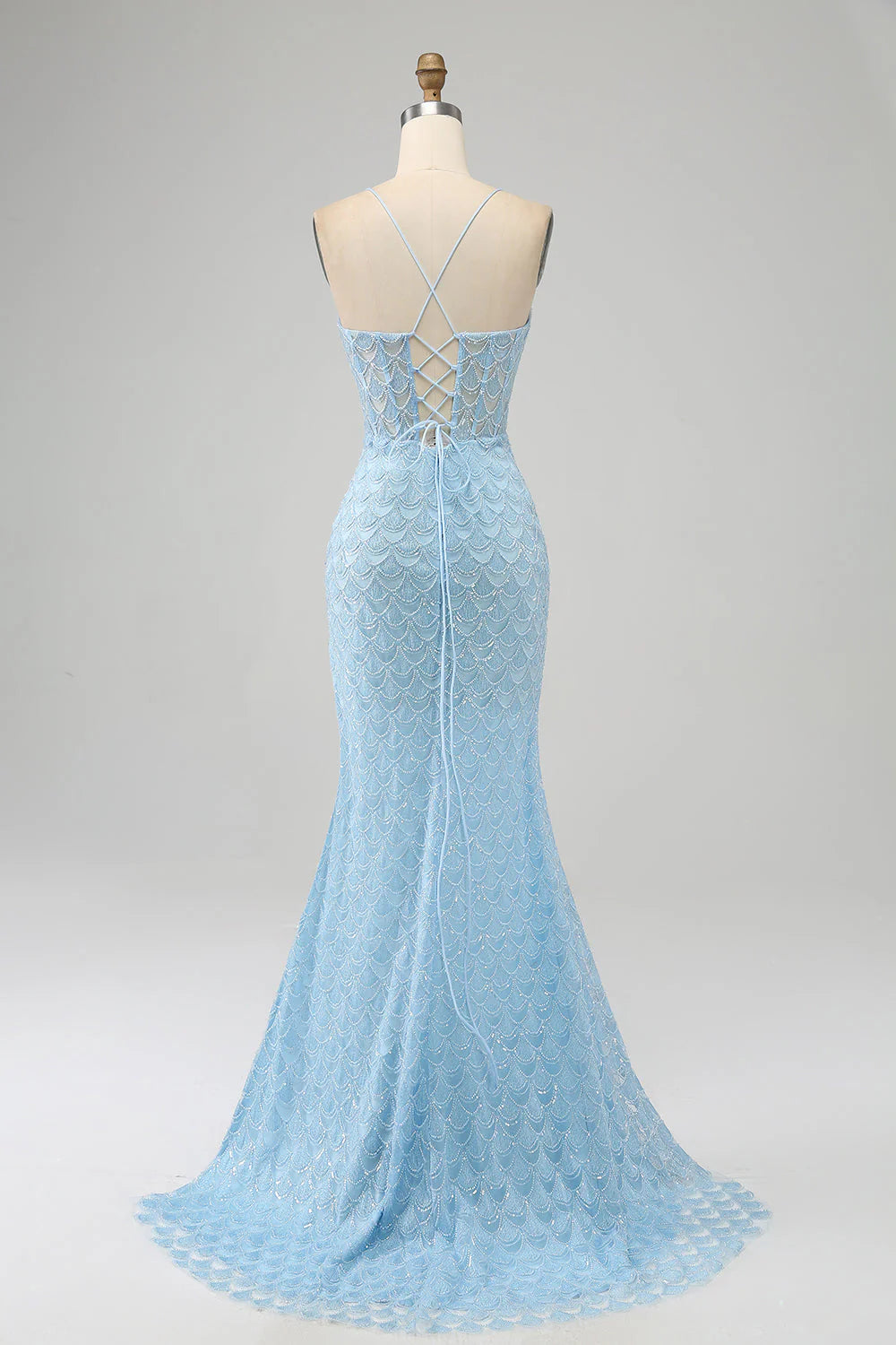 Glitter Sky Blue Mermaid Spaghetti Straps Long Prom Dress with Slit