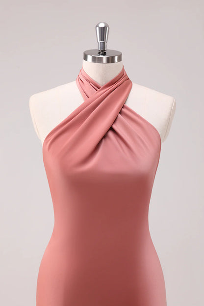 Terracotta Mermaid Halter Backless Floor Length Satin Bridesmaid Dress