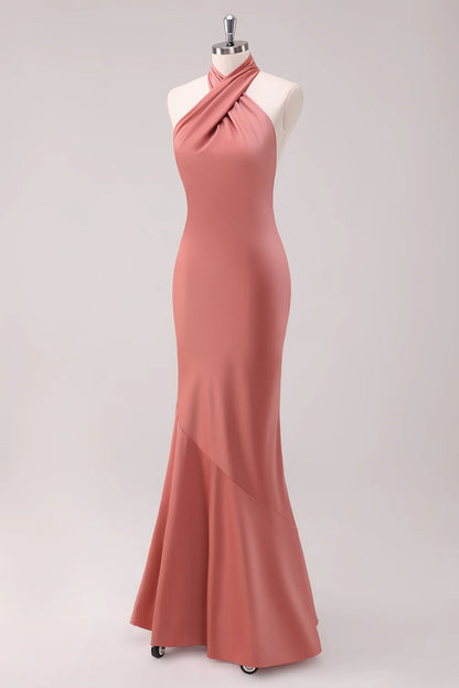 Terracotta Mermaid Halter Backless Floor Length Satin Bridesmaid Dress