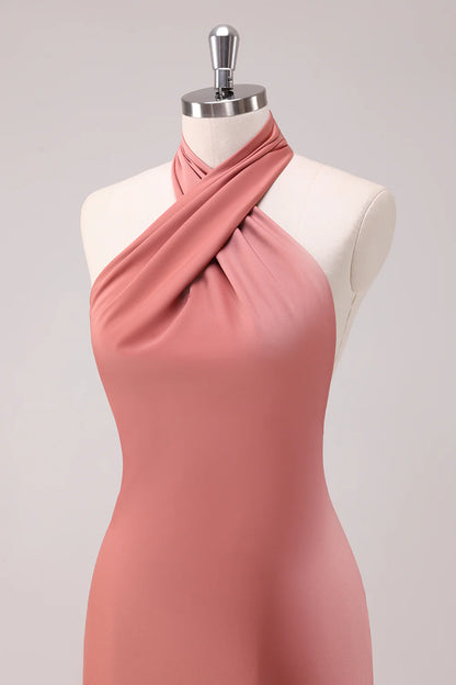 Terracotta Mermaid Halter Backless Floor Length Satin Bridesmaid Dress