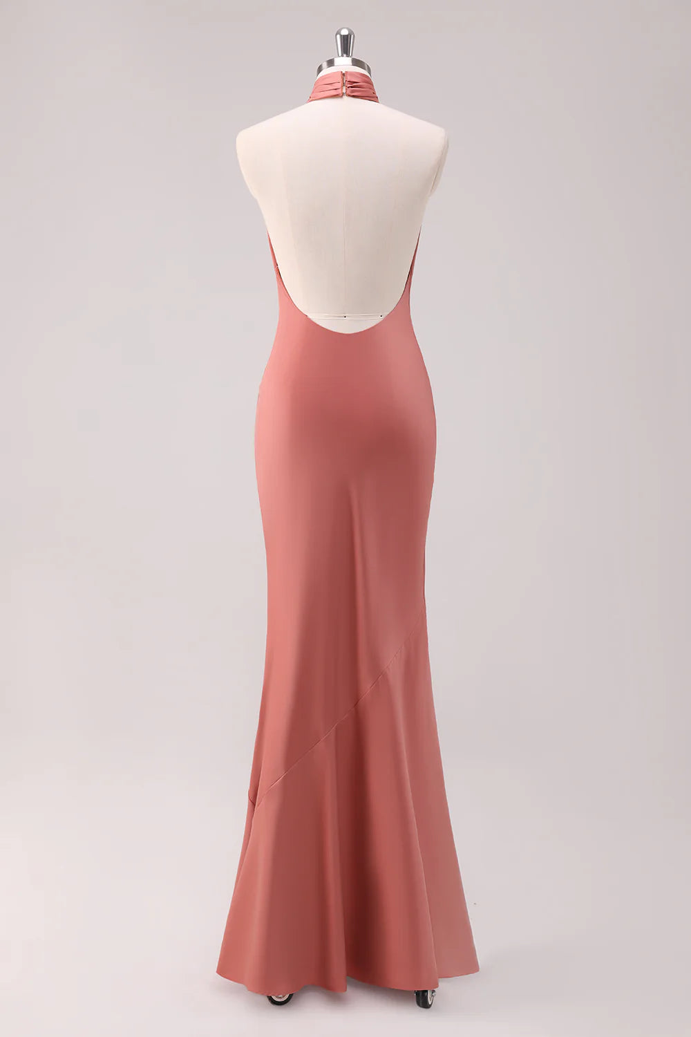 Terracotta Mermaid Halter Backless Floor Length Satin Bridesmaid Dress