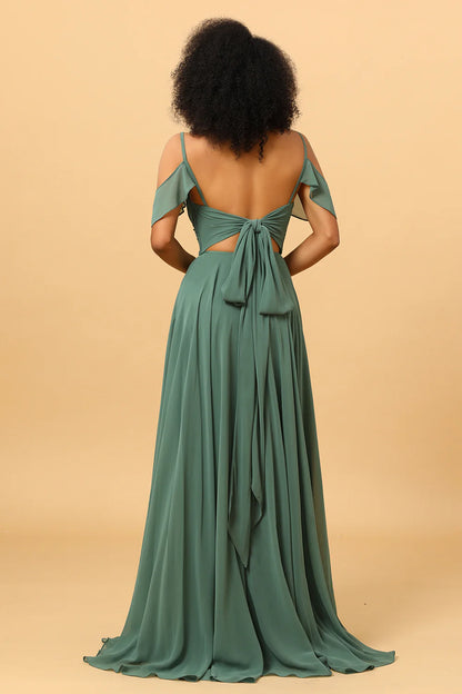 Eucalyptus A Line Spaghetti Straps Long Chiffon Bridesmaid Dress With Slit