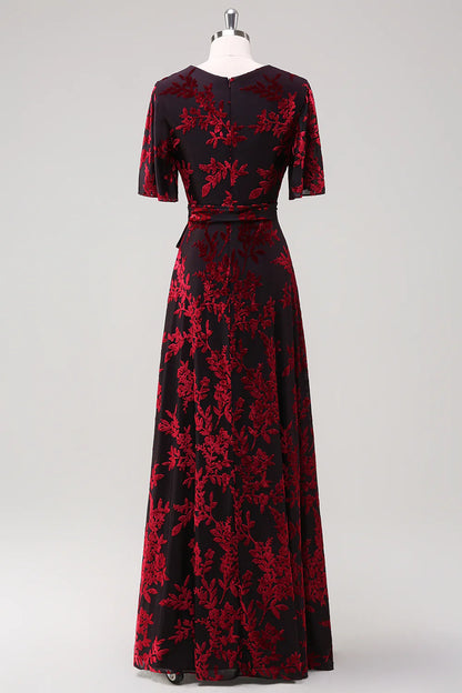 A-Line V Neck Dark Green Burnout Velvet Floor Length Dress with Short Sleeve
