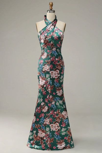 Flower Mermaid Halter Floor Length Print Satin Bridesmaid Dress