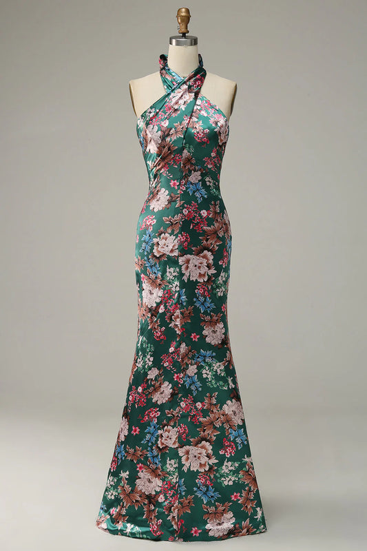 Flower Mermaid Halter Floor Length Print Satin Bridesmaid Dress