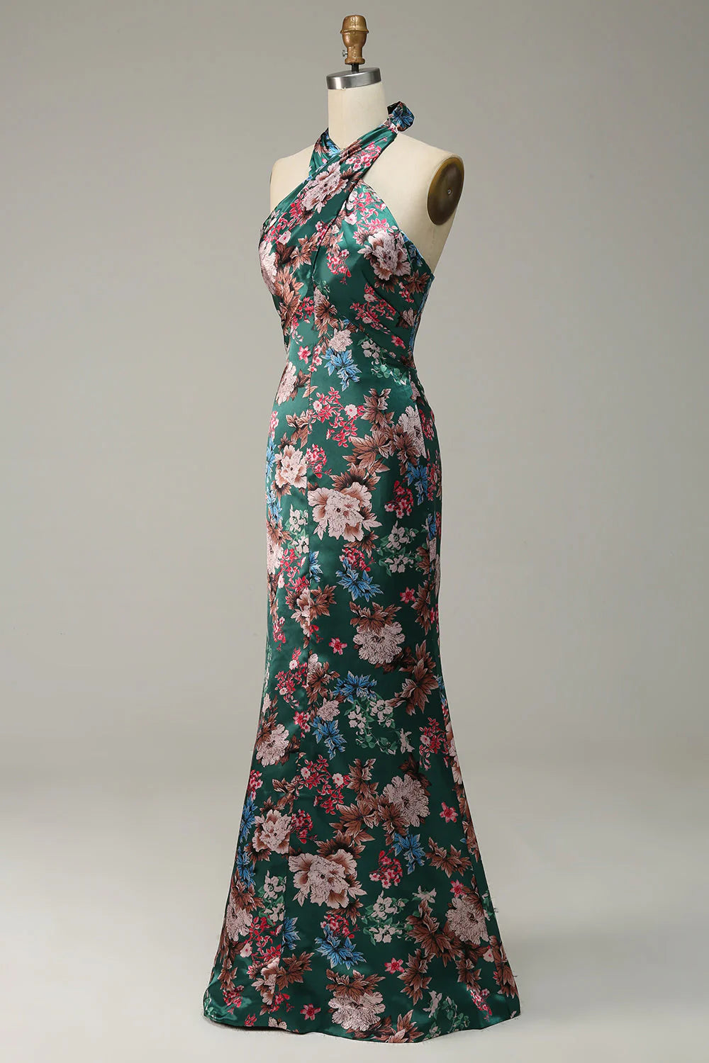 Flower Mermaid Halter Floor Length Print Satin Bridesmaid Dress