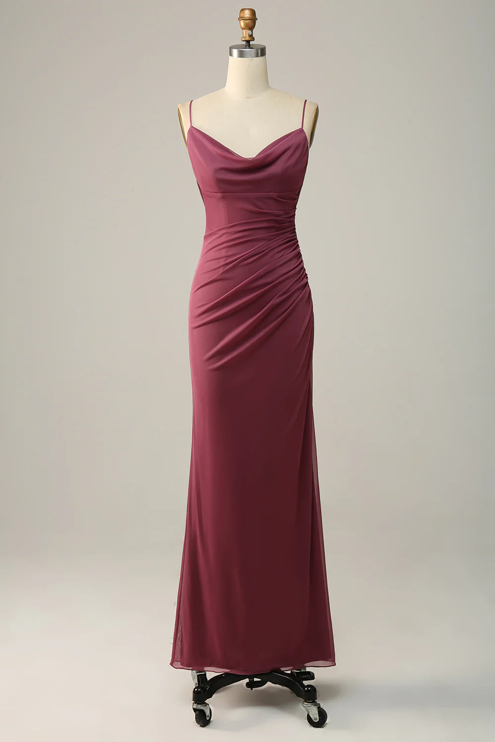 Thin strap pleated waist cinching chiffon bridesmaid dress