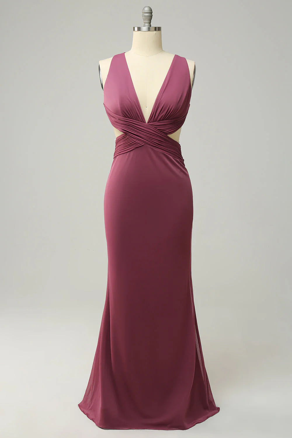 Deep V hollow cross tie chiffon bridesmaid dress