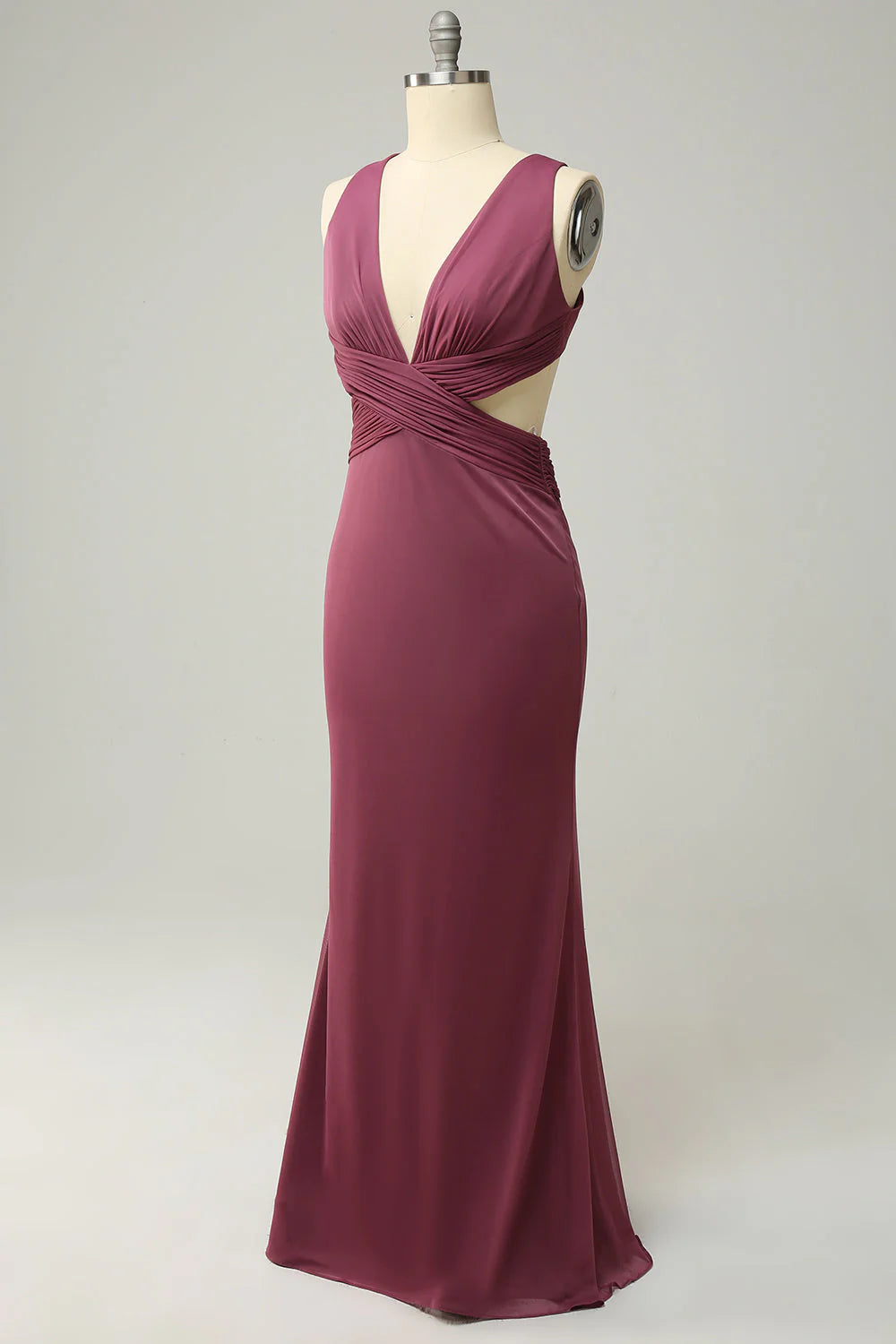 Deep V hollow cross tie chiffon bridesmaid dress