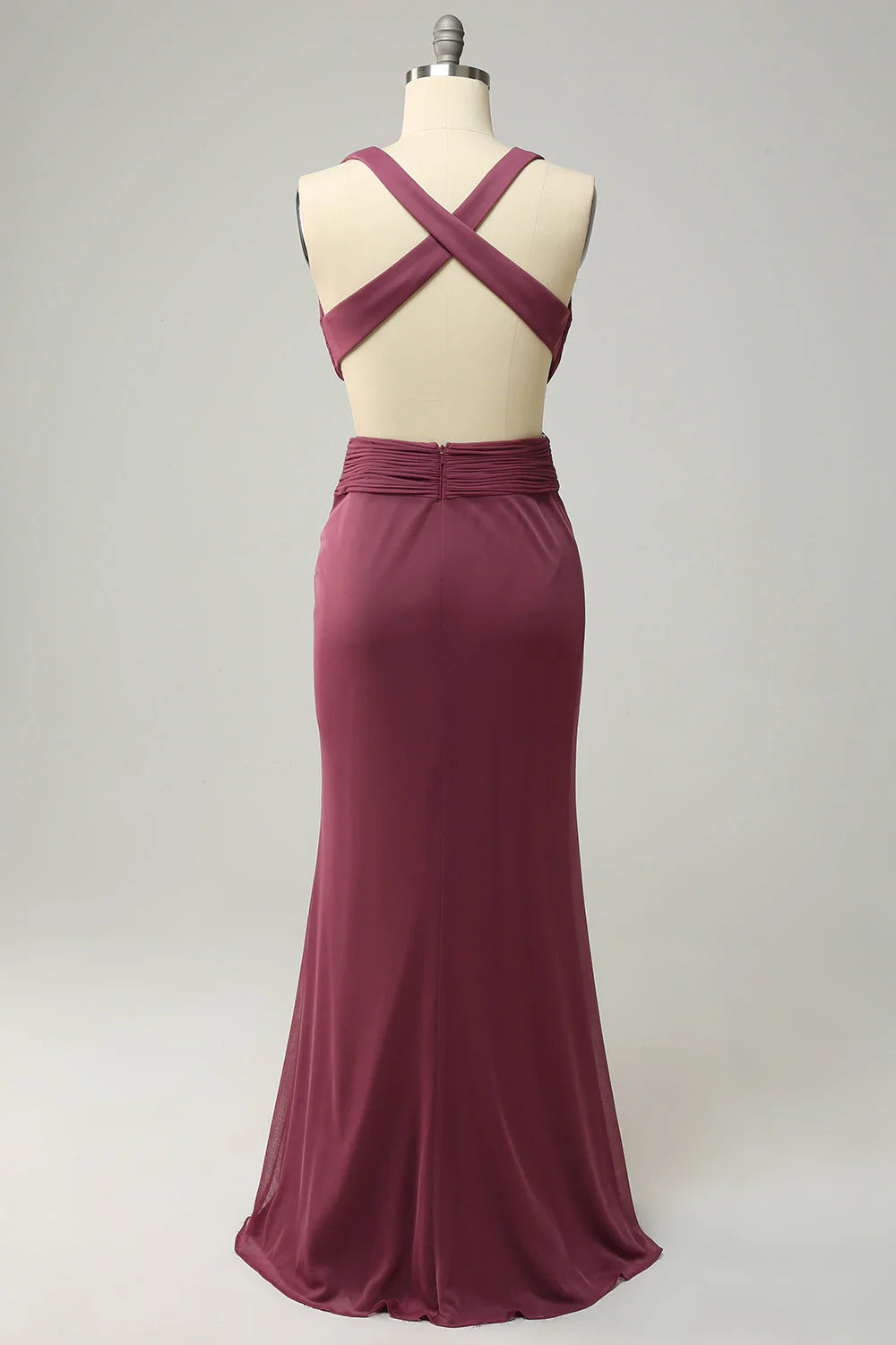 Deep V hollow cross tie chiffon bridesmaid dress