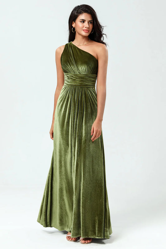 A Line One Shoulder Ruched Velvet Floor-Length Dress