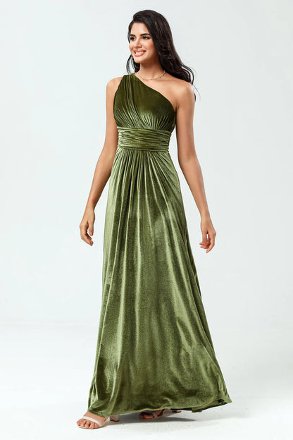 A Line One Shoulder Ruched Velvet Floor-Length Dress