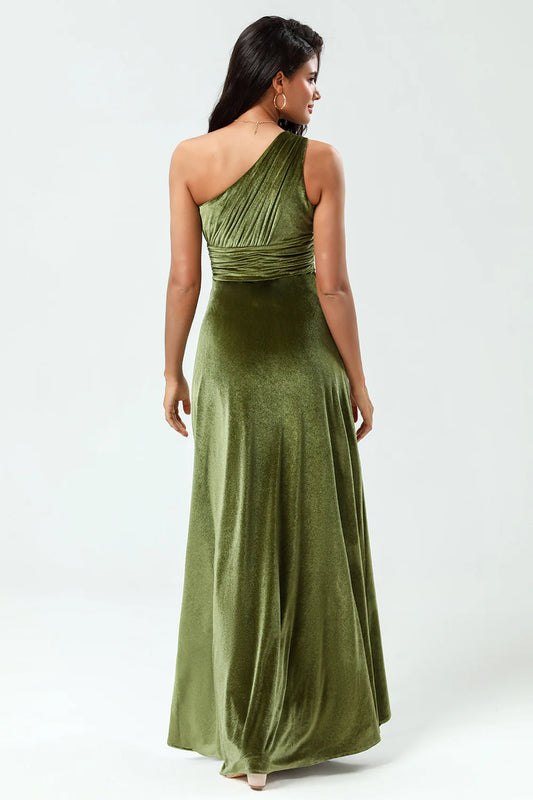 A Line One Shoulder Ruched Velvet Floor-Length Dress