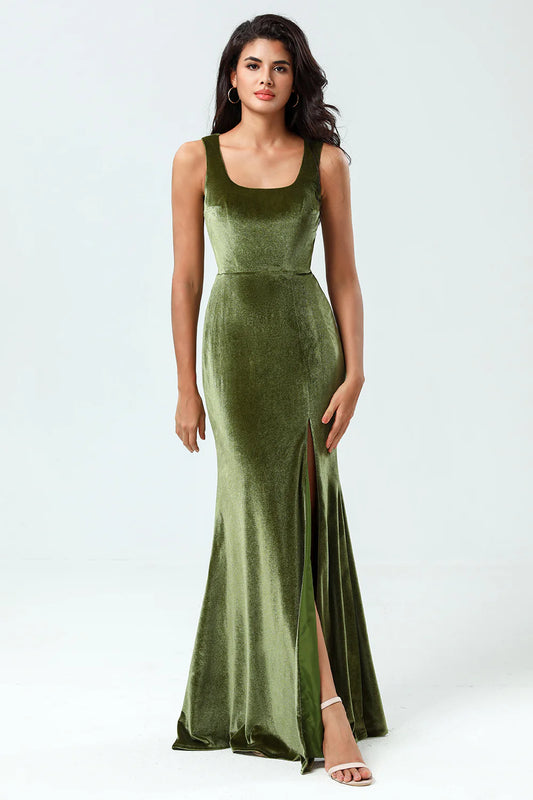 Mermaid Square Neck Floor-Length Velvet Bridesmaid Dress with Slit