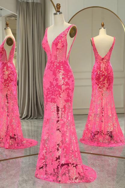 Mermaid Sparkly Fuchsia V Neck Prom Dress With Sequined Appliques
