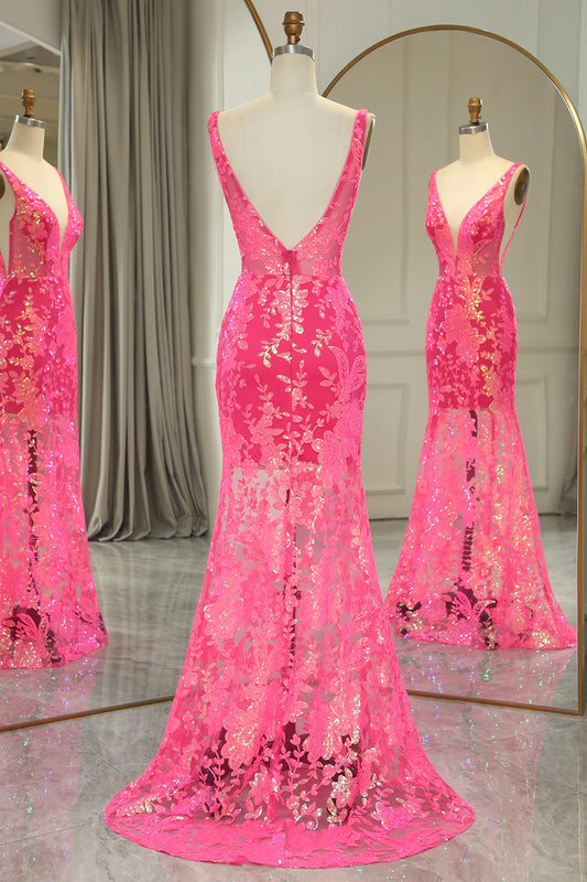 Mermaid Sparkly Fuchsia V Neck Prom Dress With Sequined Appliques
