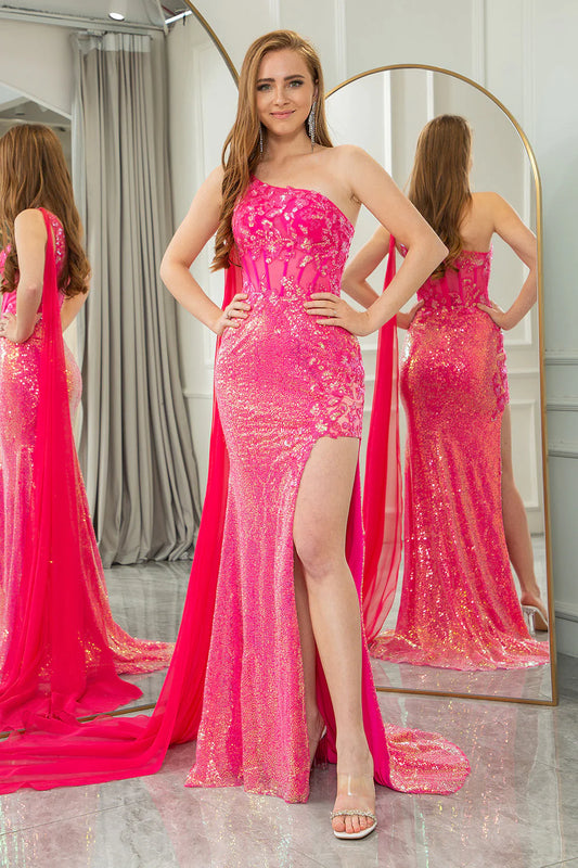 Sparkly Fuchsia Mermaid One Shoulder Corset Prom Dress With Slit