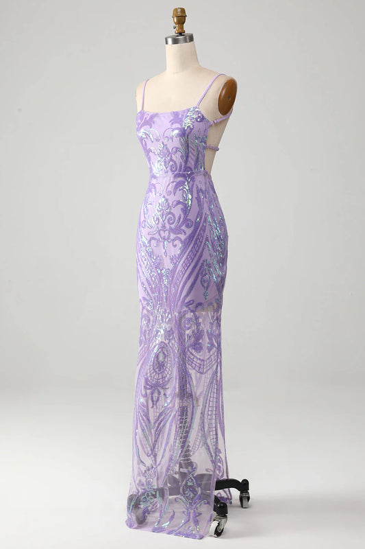 Light purple thin shoulder strap sparkling sequin backless ball dress