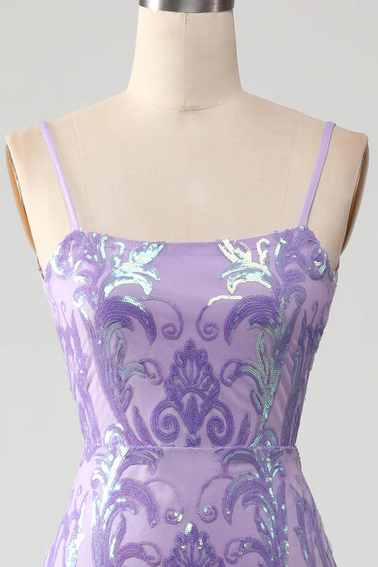 Light purple thin shoulder strap sparkling sequin backless ball dress