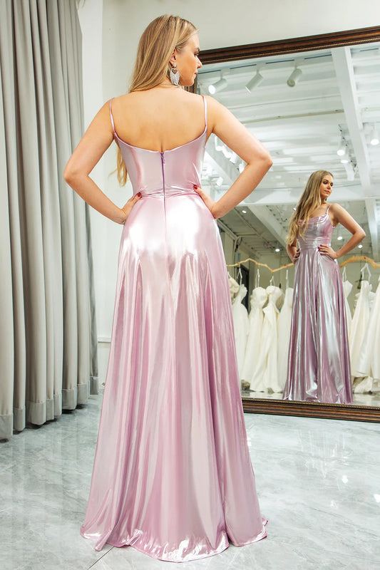 Sparkling pink A-line slim shoulder strap long with slit ball dress