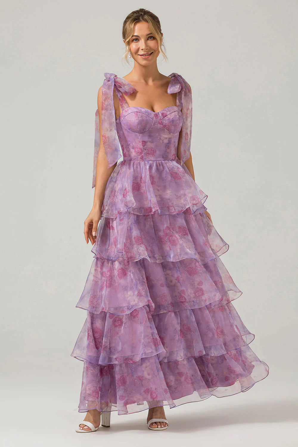 Purple A-Line Spaghetti Straps Tiered Floral Long Wedding Party Dress