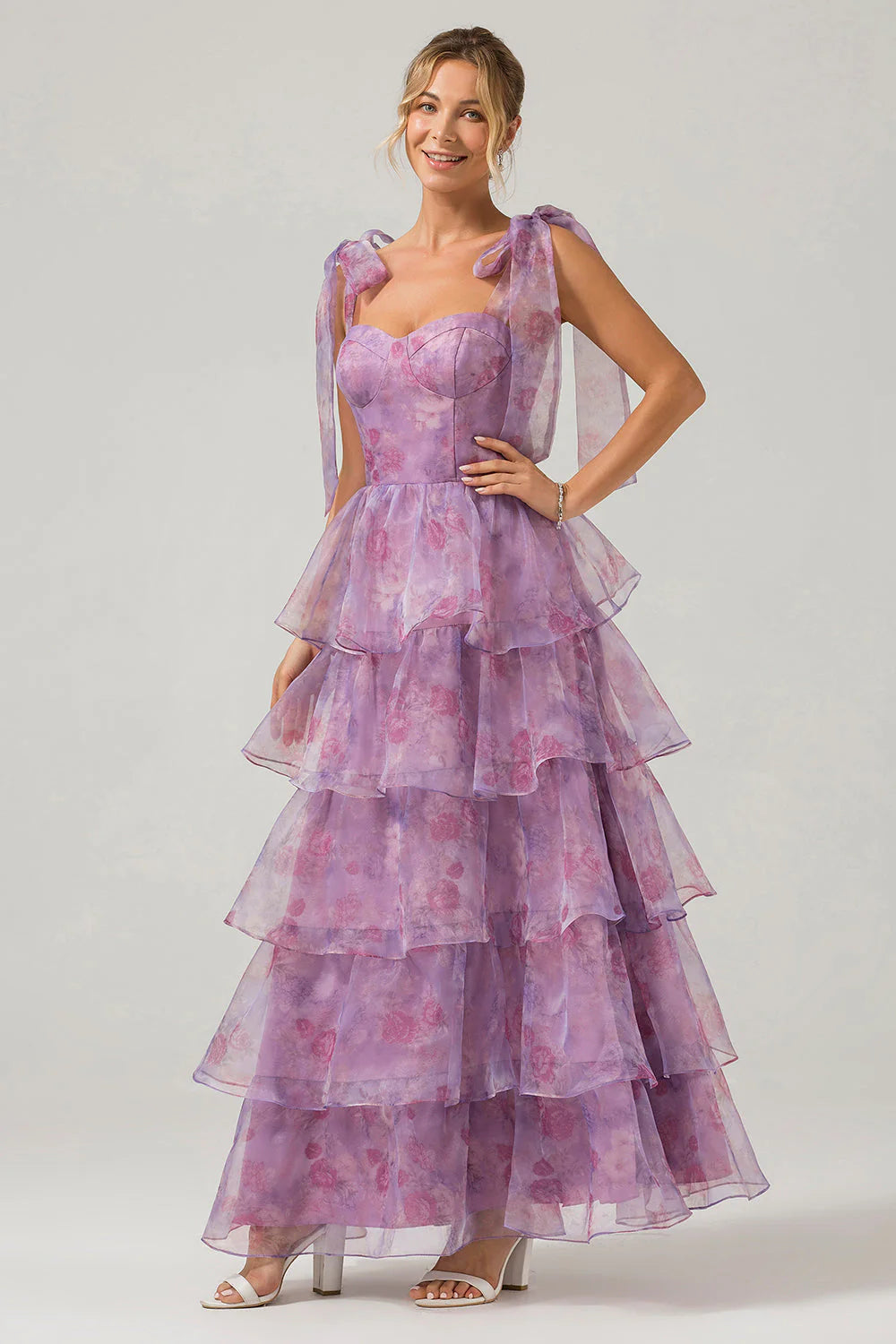Purple A-Line Spaghetti Straps Tiered Floral Long Wedding Party Dress
