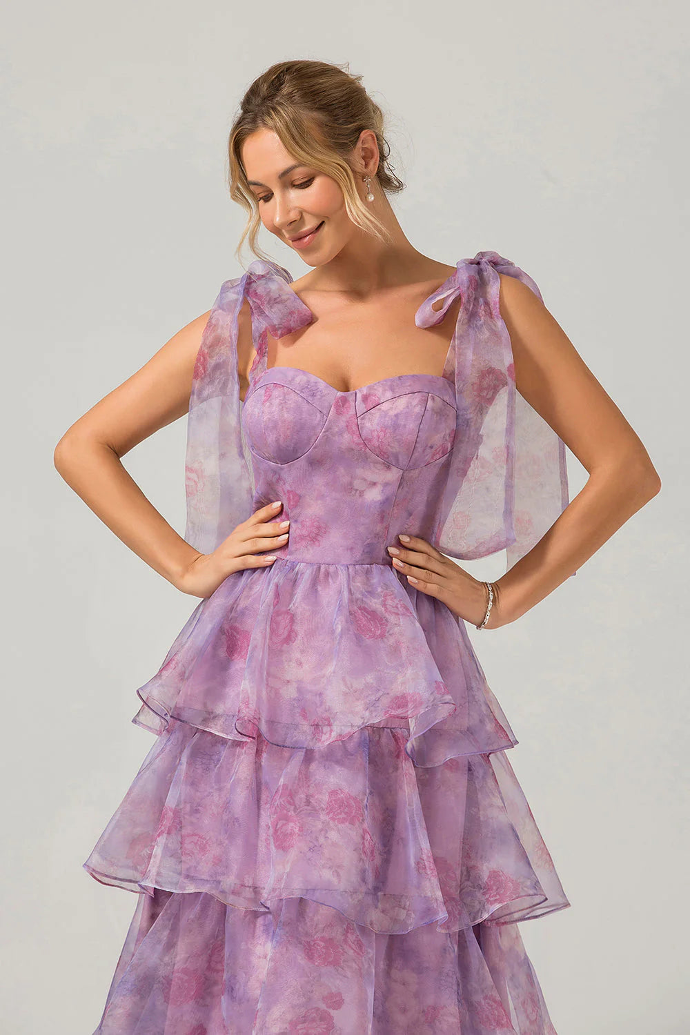 Purple A-Line Spaghetti Straps Tiered Floral Long Wedding Party Dress