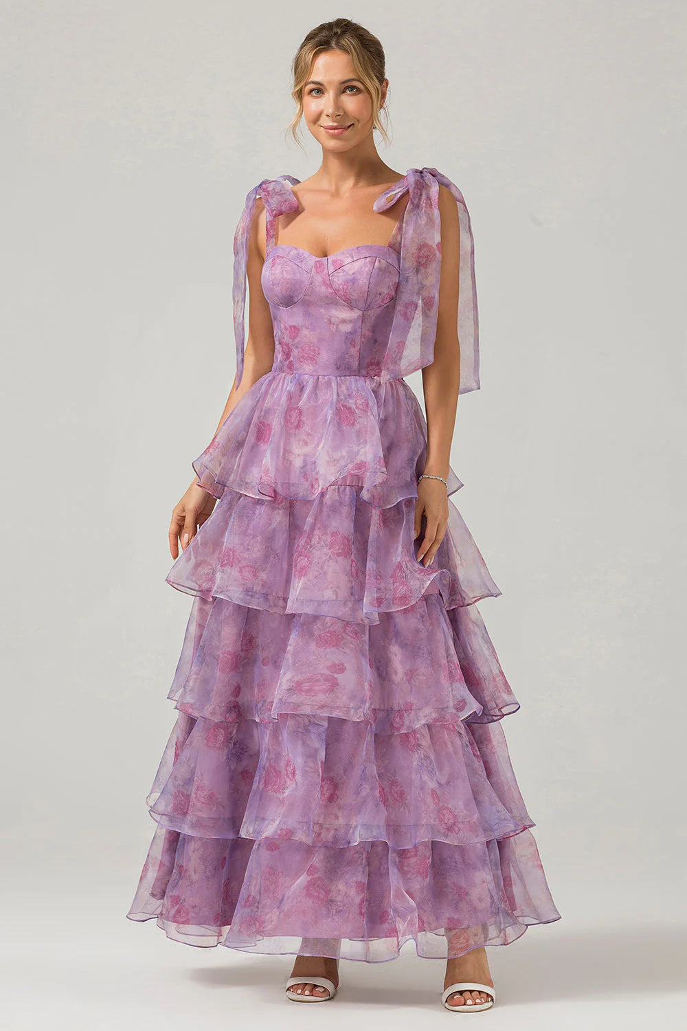 Purple A-Line Spaghetti Straps Tiered Floral Long Wedding Party Dress
