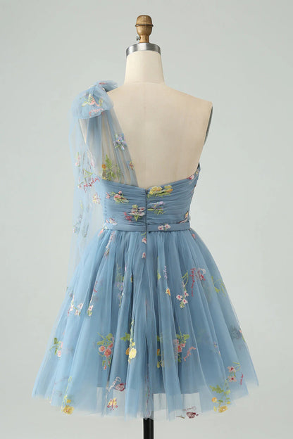 Light Green A Line One Shoulder Tulle Homecoming Dress with Floral Embroidery