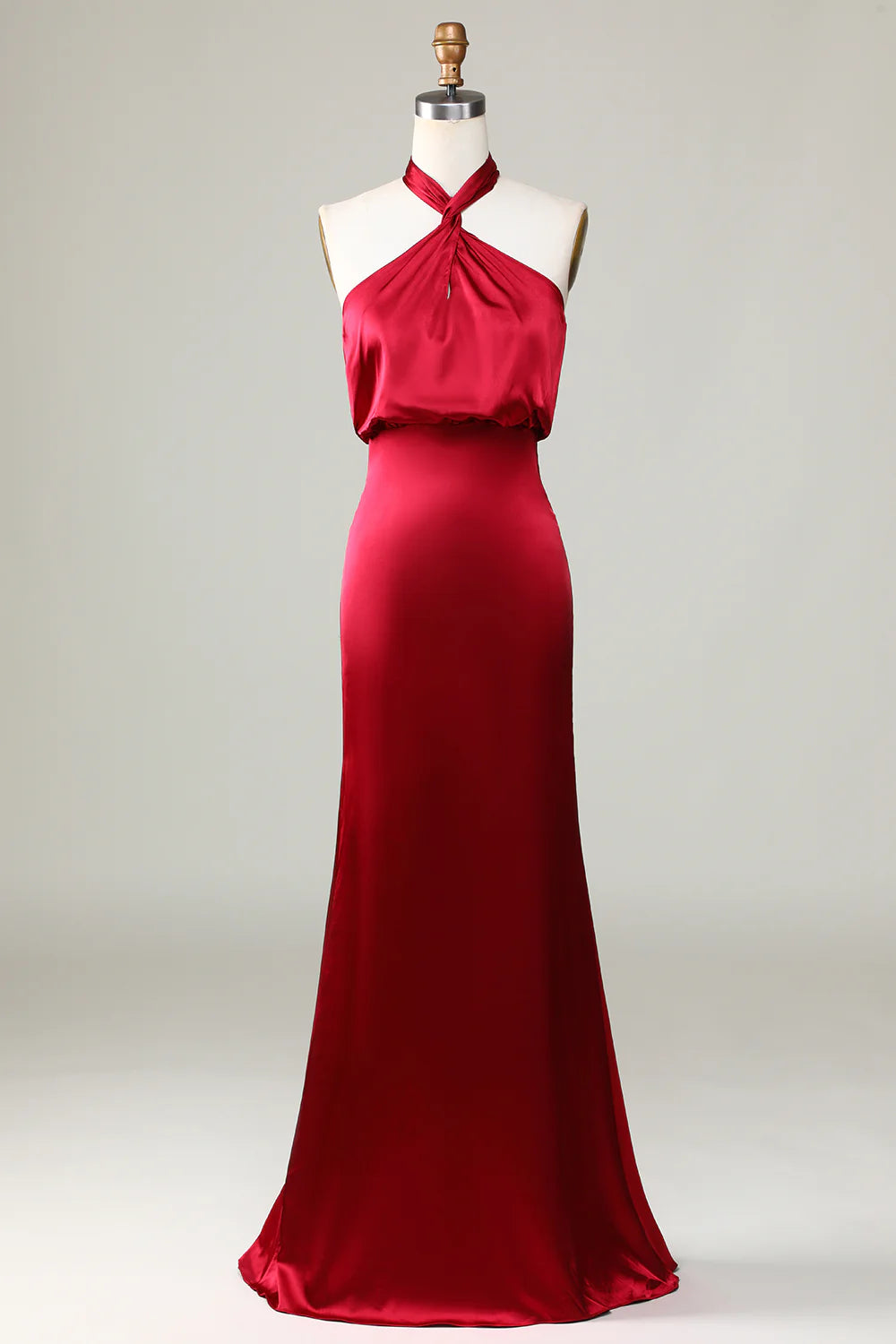 A-line suspender floor sweeping satin bridesmaid dress