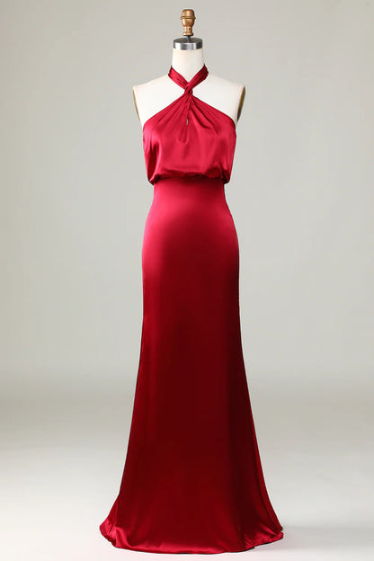 A-line suspender floor sweeping satin bridesmaid dress
