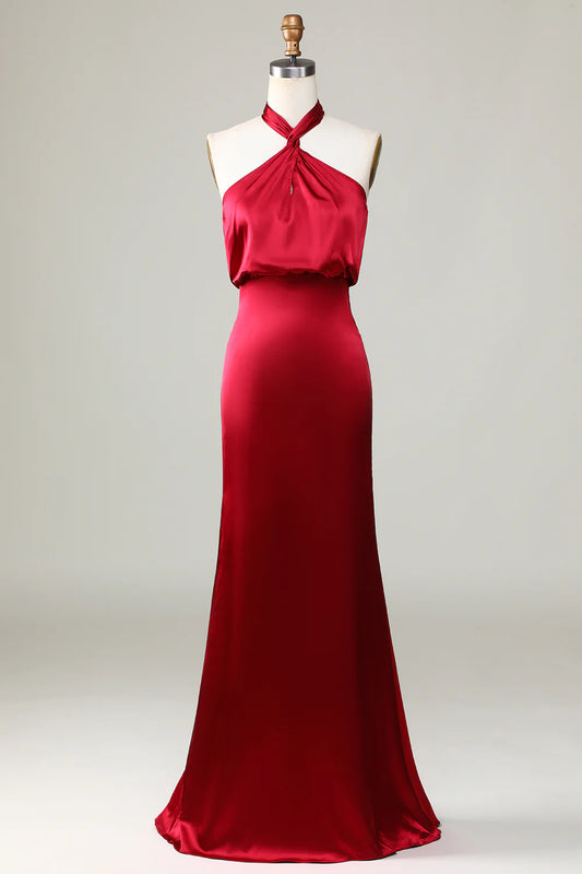 A-line suspender floor sweeping satin bridesmaid dress