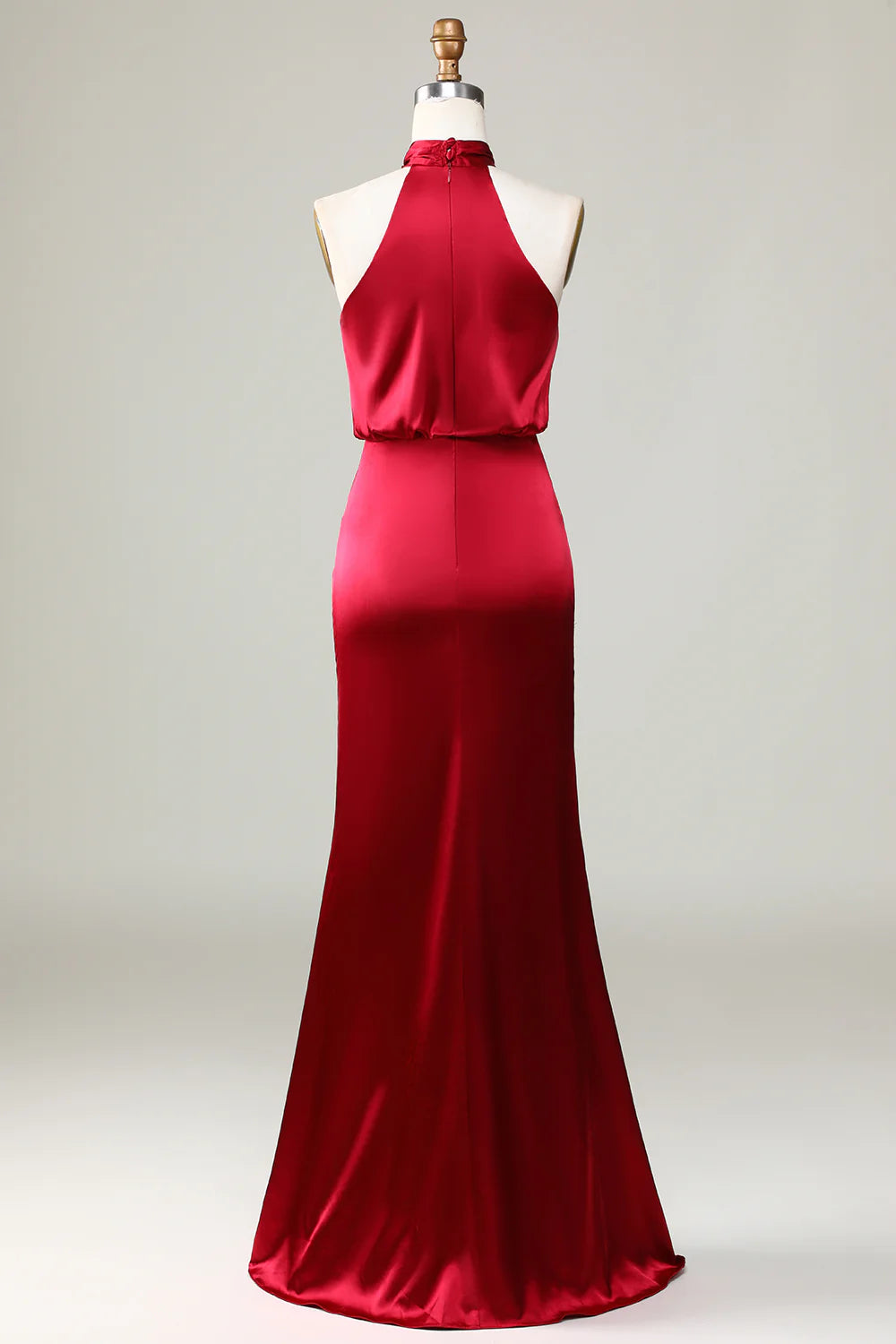 A-line suspender floor sweeping satin bridesmaid dress