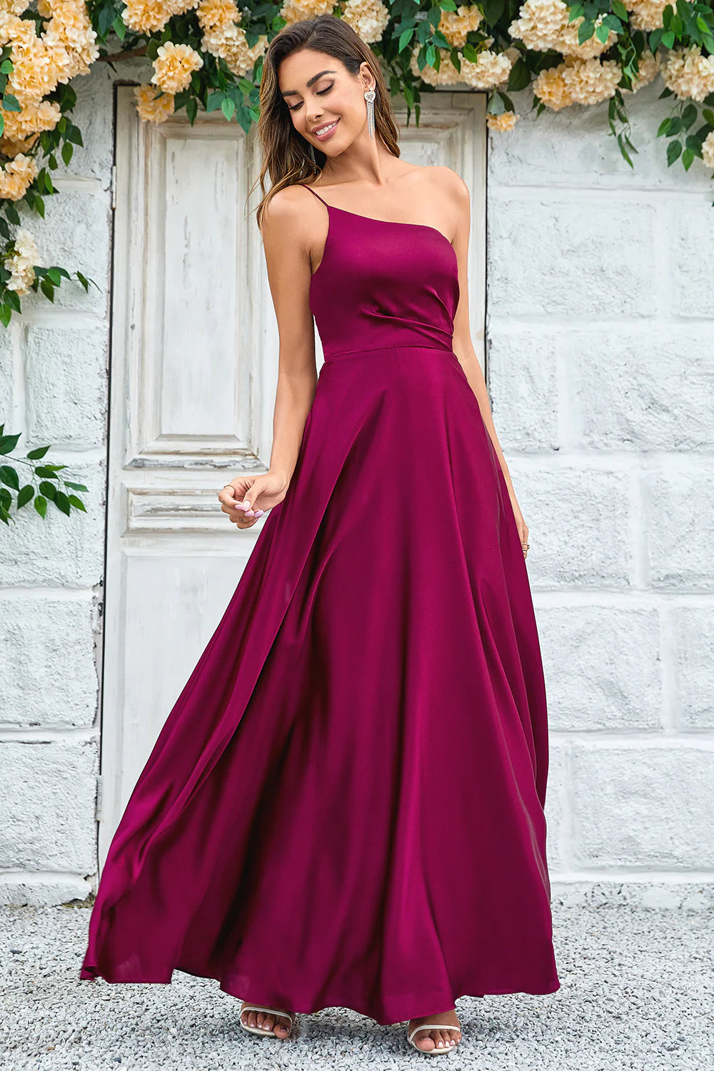 A-line single shoulder thin suspender asymmetrical satin bridesmaid dress