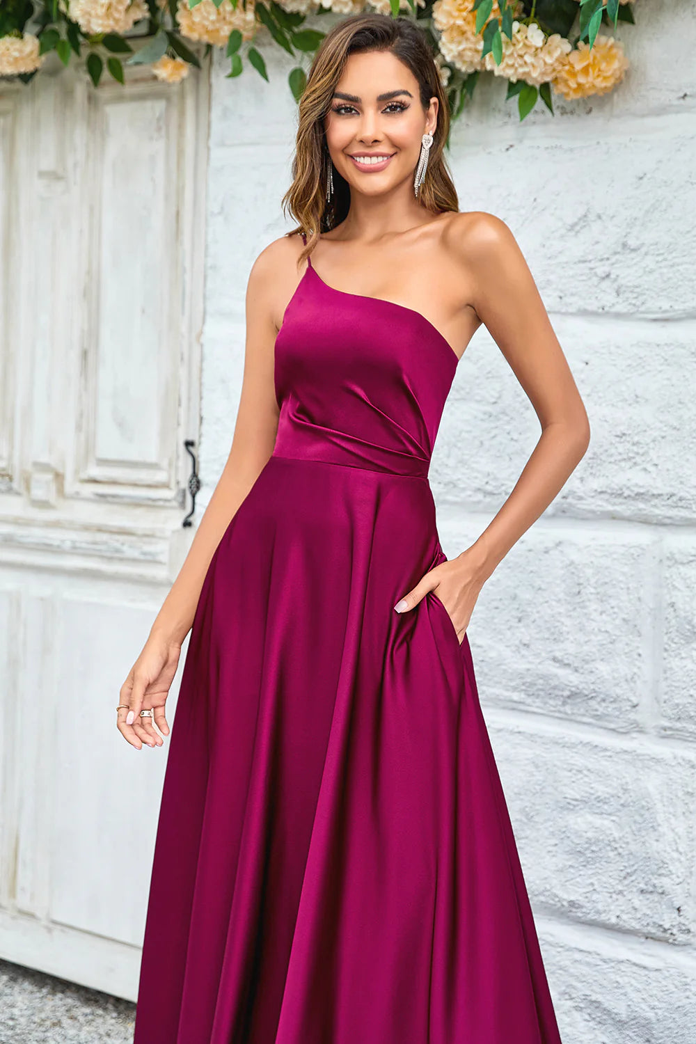 A-line single shoulder thin suspender asymmetrical satin bridesmaid dress
