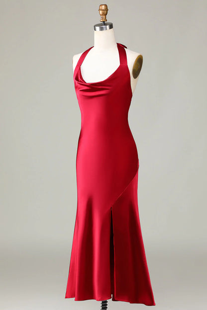 Mermaid neck strap long bridal dress with slit