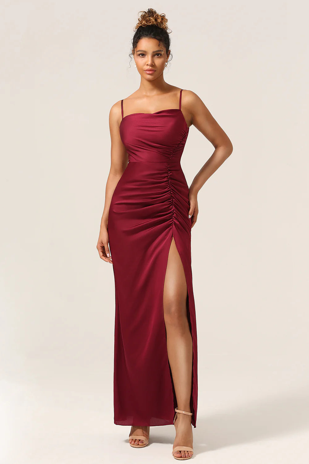 Tight fitting slim shoulder strap long bridesmaid dress with split front