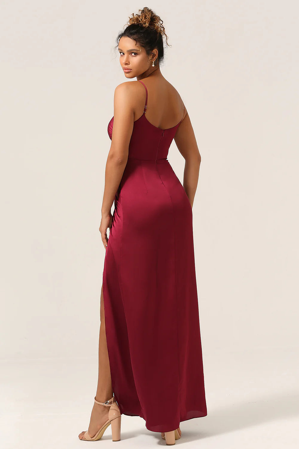 Tight fitting slim shoulder strap long bridesmaid dress with split front