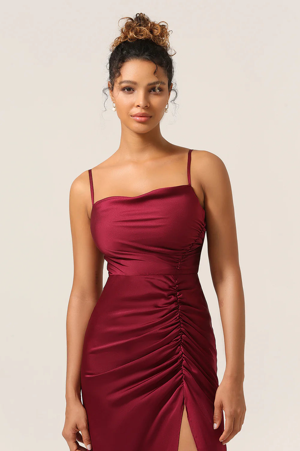 Tight fitting slim shoulder strap long bridesmaid dress with split front