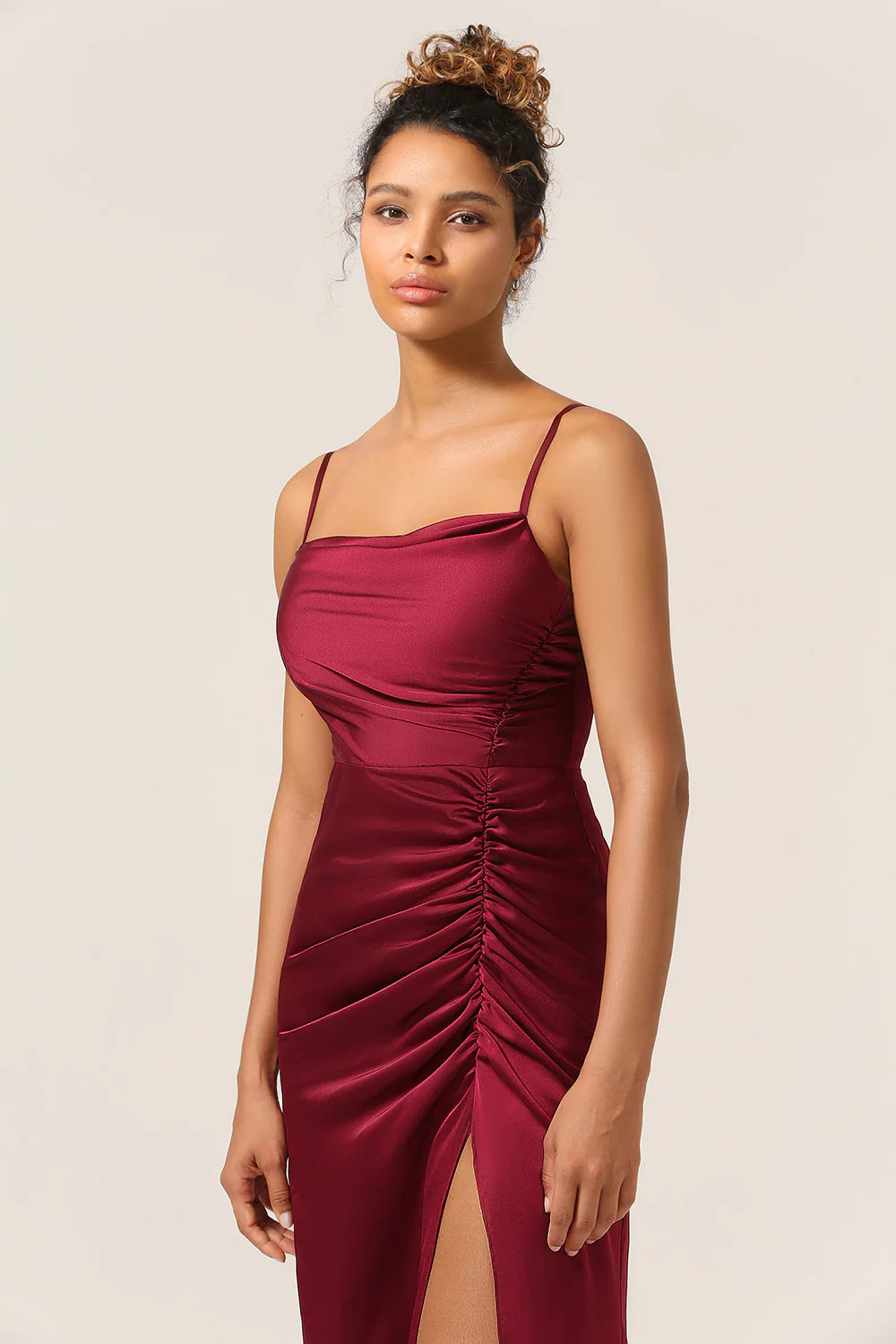 Tight fitting slim shoulder strap long bridesmaid dress with split front