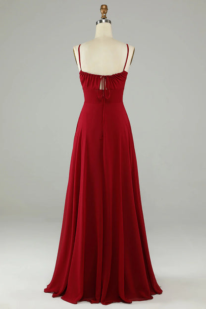A-line slim shoulder chiffon long bridesmaid dress