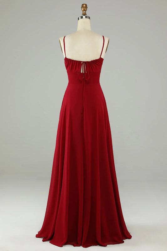 A-line slim shoulder chiffon long bridesmaid dress