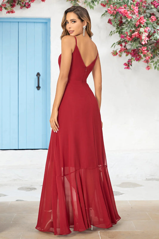 A-line fine suspender chiffon long ruffled wedding dress