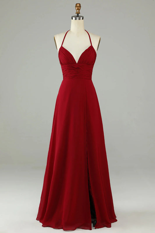 A-line deep V-strap chiffon long bridal dress with slit