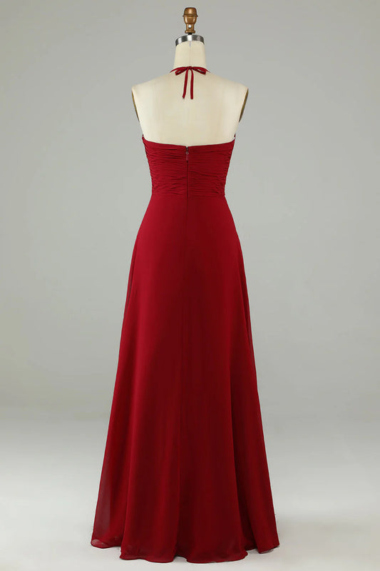 A-line deep V-strap chiffon long bridal dress with slit