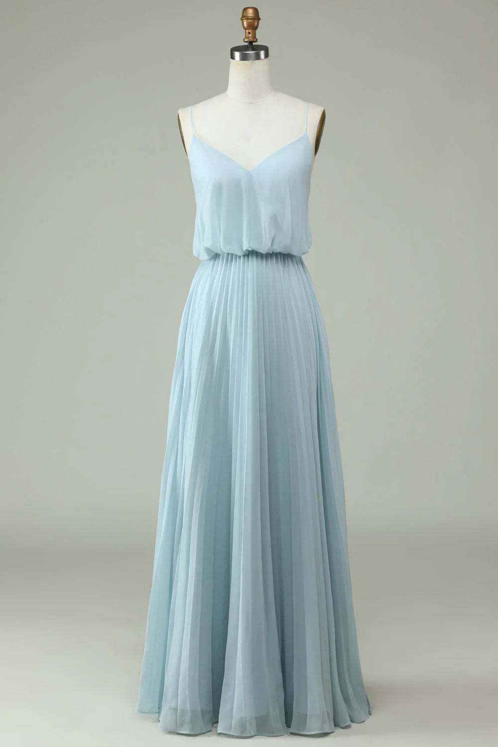 A Line Spaghetti Straps Sky Blue Chiffon Long Bridesmaid Dress