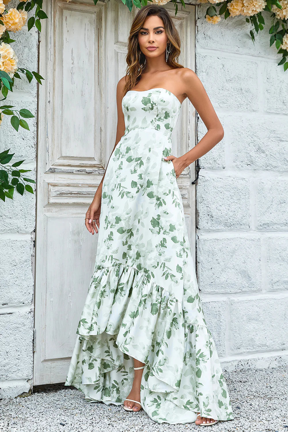 Green Asymmetrical Strapless Print Floral Long Bridesmaid Dress with Pocket