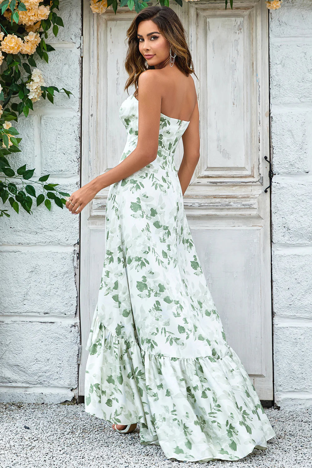 Green Asymmetrical Strapless Print Floral Long Bridesmaid Dress with Pocket