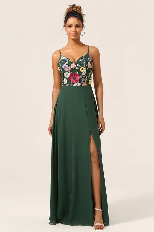 Deep green A-line slim shoulder chiffon bridesmaid dress with 3D flowers