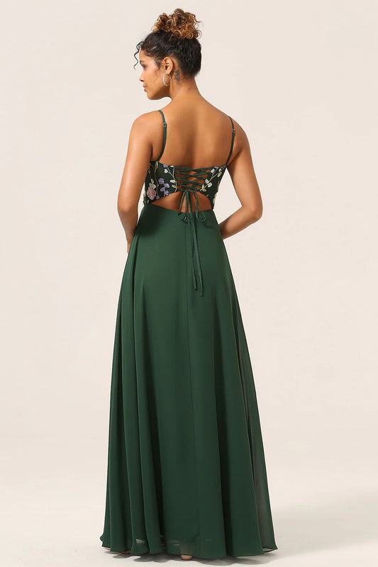 Deep green A-line slim shoulder chiffon bridesmaid dress with 3D flowers